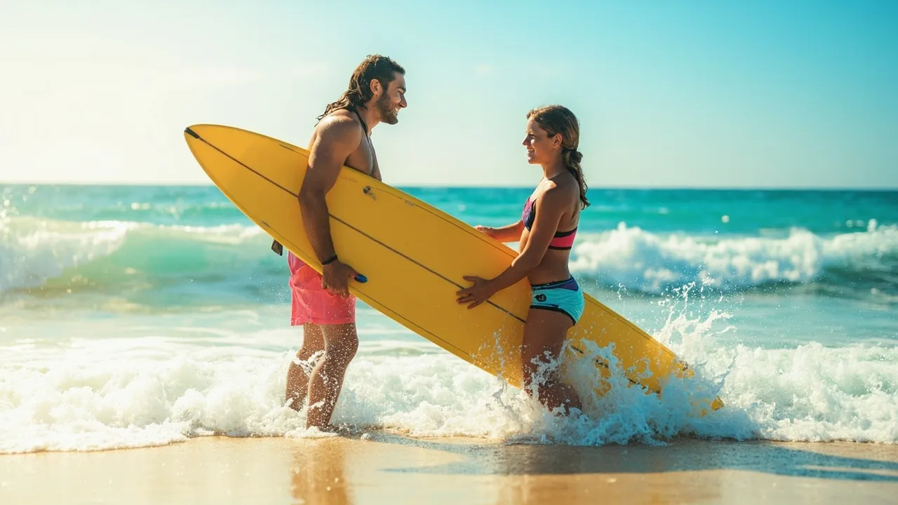 Symbolbild: Surflehrer zeigt einer Anfängerin auf dem Sand die ersten Bewegungen am Longboard, helles Strandlicht