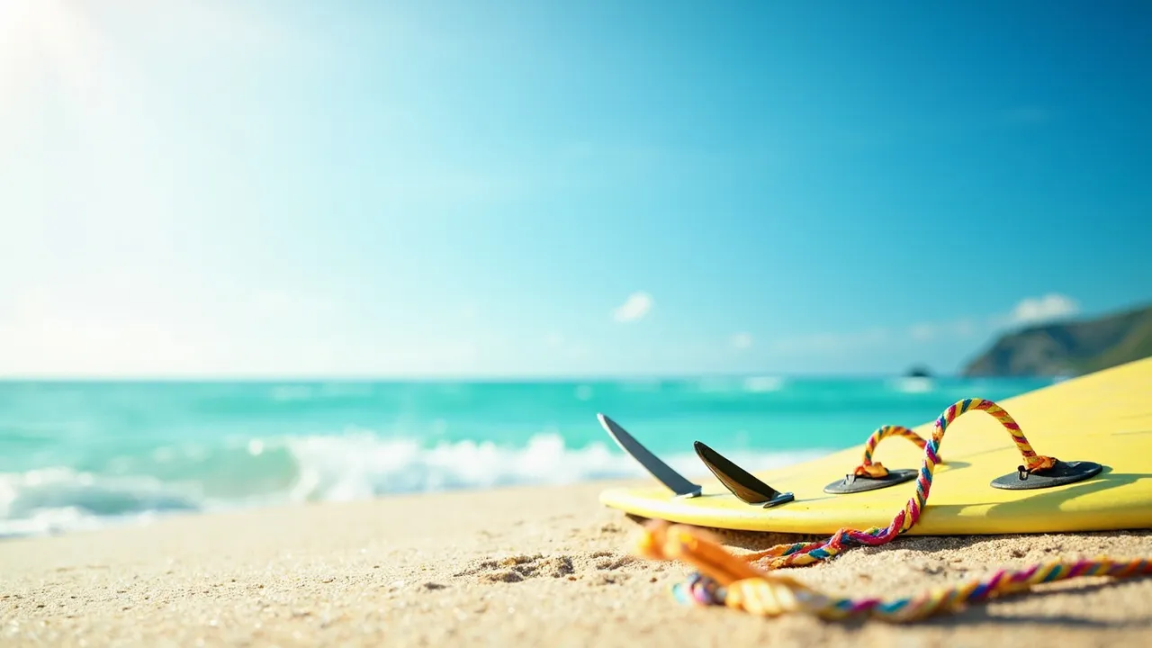 Surfbrett mit bunter Leash auf hellem Sand vor türkisblauem Meer